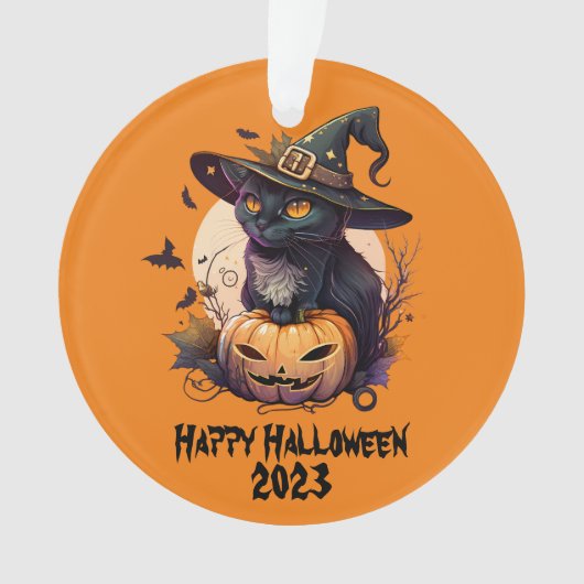 Frohe Halloween 2023 Black Cat & Jack-o-Lantern Ornament (Vorderseite)