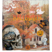 Frohe Halloween Fallen Hütte Schädel mit Schiff Duschvorhang (Vorderseite)