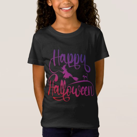 Frohe Halloween-Gefälle fliegen Hexenkatze T - Shi T-Shirt (Vorderseite)