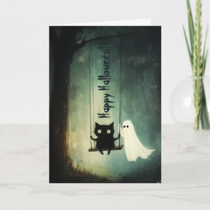 Frohe Halloween Ghost und Katze auf Swing Dankeskarte