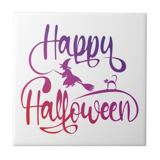 Frohe Halloween-Gradient-Hexenkatze Fliese (Vorderseite)
