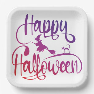Frohe Halloween-Gradient-Hexenkatze Pappteller