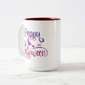 Frohe Halloween-Gradient-Hexenkatze Zweifarbige Tasse (Vorderseite Links)