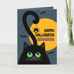 Frohe Halloween Grandson Black Cat mit Spider Feiertagskarte