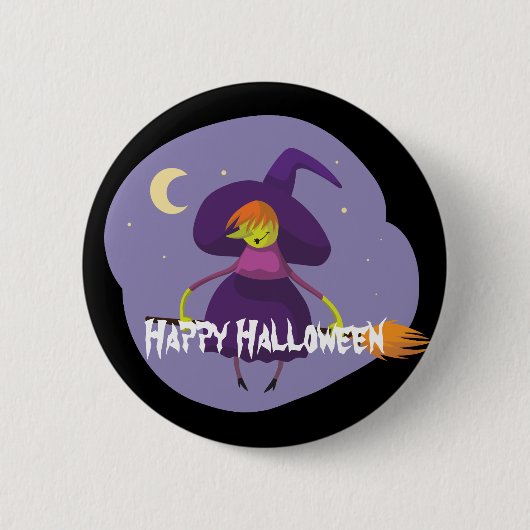 Frohe Halloween Hexe, Broom, Hut Button (Vorderseite)