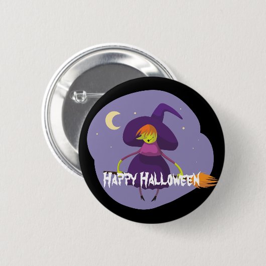 Frohe Halloween Hexe, Broom, Hut Button (Vorne & Hinten)