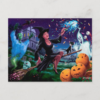 Frohe Halloween-Hexe mit Friedhoffreunden Postkarte