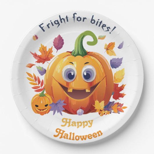 Frohe Halloween Jack-O-Lantern auf Pile von Blätte Pappteller (Vorderseite)