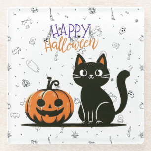 Frohe Halloween-Katze & Kürbis Glasuntersetzer