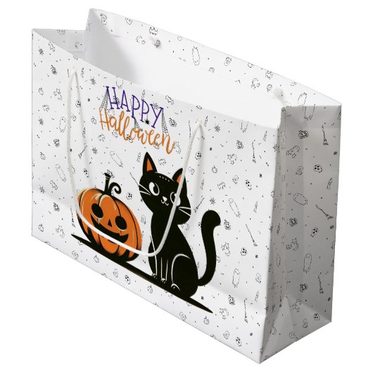 Frohe Halloween-Katze & Kürbis Große Geschenktüte (Vorderseite Schrägansicht)