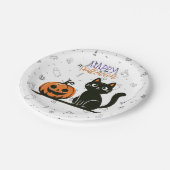 Frohe Halloween-Katze & Kürbis Pappteller (Schrägansicht)
