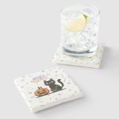 Frohe Halloween-Katze & Kürbis Steinuntersetzer (Seitenansicht)