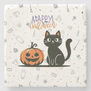 Frohe Halloween-Katze & Kürbis Steinuntersetzer