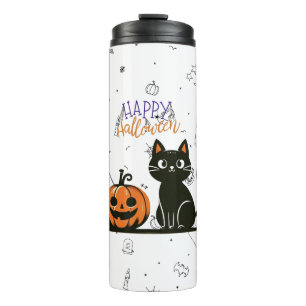 Frohe Halloween-Katze & Kürbis Thermosbecher