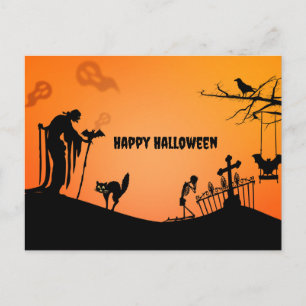Frohe Halloween Katze und Fledermäuse silhouettier Feiertagspostkarte