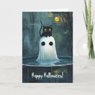 Frohe Halloween Katze und Geist in einem Pool Dankeskarte
