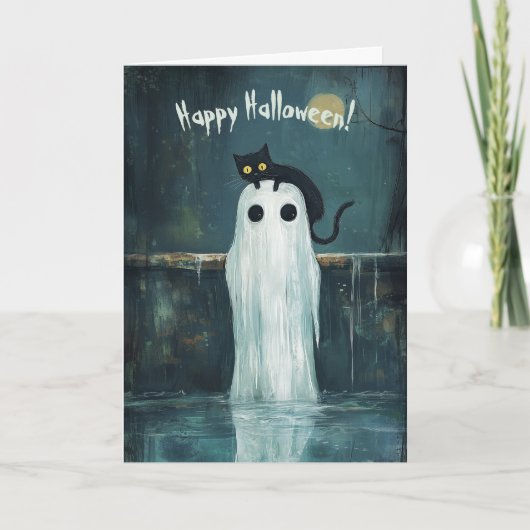 Frohe Halloween Katze und Geist in einem Pool Dankeskarte (Vorderseite)