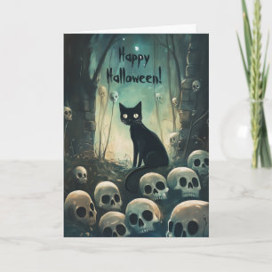 Frohe Halloween Katze unter den Schädeln Dankeskarte