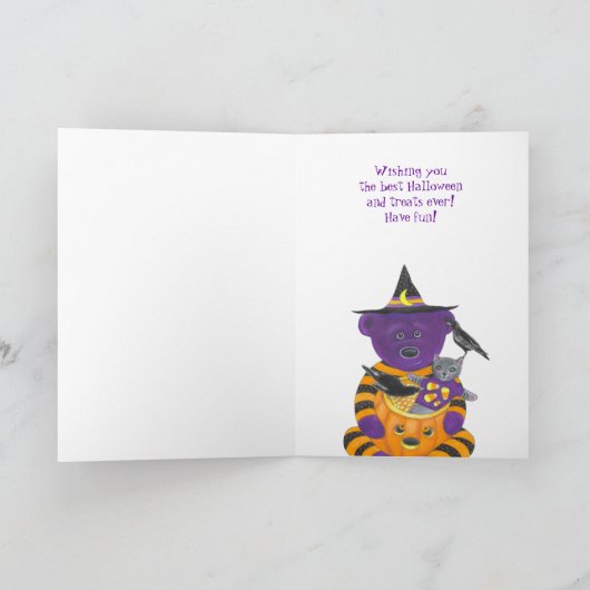 Frohe Halloween Kürbisbär mit Kat und Krähen Karte (Innenseite)