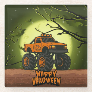 Frohe Halloween Monster Truck mit Fledermäusen und Glasuntersetzer