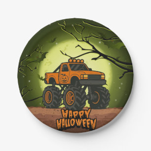 Frohe Halloween Monster Truck mit Fledermäusen und Pappteller
