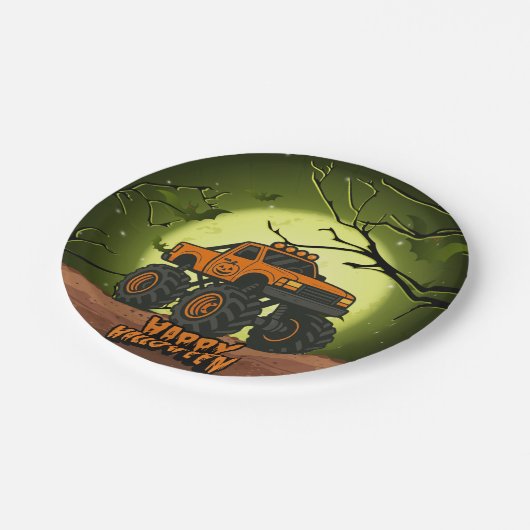 Frohe Halloween Monster Truck mit Fledermäusen und Pappteller (Schrägansicht)
