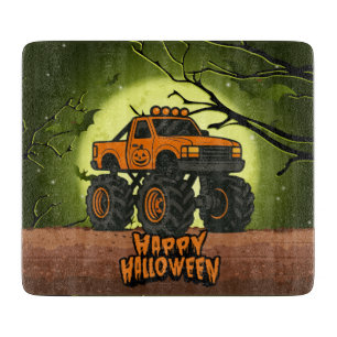 Frohe Halloween Monster Truck mit Fledermäusen und Schneidebrett