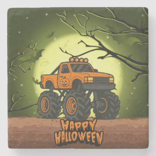 Frohe Halloween Monster Truck mit Fledermäusen und Steinuntersetzer