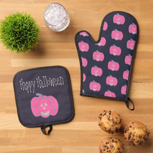Frohe Halloween Pink Jack-o-Laternen Ofenhandschuh & Topflappen-Set (Oben Unten)