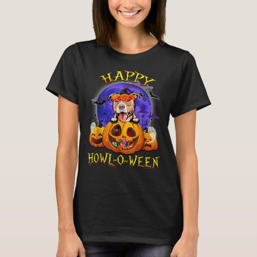 Frohe Halloween Pitbull mit Moon Pumpkin Hund Lieb T-Shirt (Vorderseite)