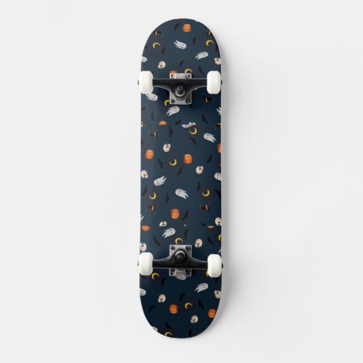 Frohe Halloween-Schädel, Mond, Flechtmuster Skateboard (Vorderseite)