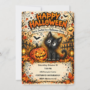 🎃🐈⬛ Frohe Halloween-Schwarze-Katze-Einladung 👻 Einladung