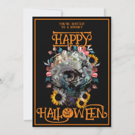 Frohe Halloween Skull Floral Party Schwarze Orange Einladung