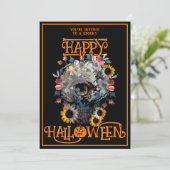 Frohe Halloween Skull Floral Party Schwarze Orange Einladung (Stehend Vorderseite)