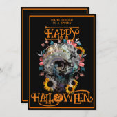 Frohe Halloween Skull Floral Party Schwarze Orange Einladung (Vorne/Hinten)