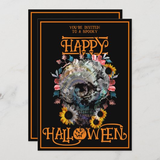 Frohe Halloween Skull Floral Party Schwarze Orange Einladung (Vorne/Hinten)