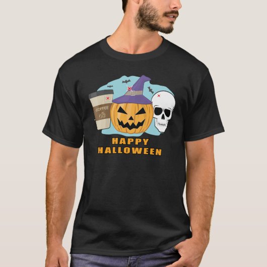Frohe Halloween - Spooky Skull, Pumpkin & Kaffee T-Shirt (Vorderseite)