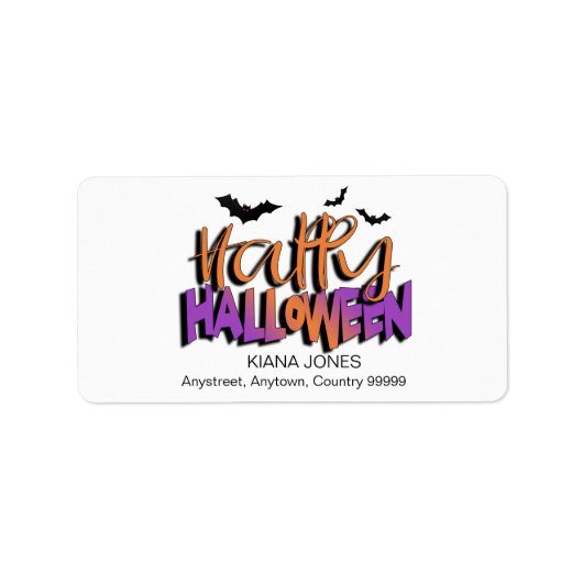 Frohe Halloween Typografie mit Orange/Fledermäuse- Adressaufkleber (Vorne)