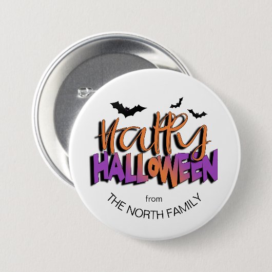 Frohe Halloween Typografie mit Orange/Fledermäuse- Button (Vorne & Hinten)
