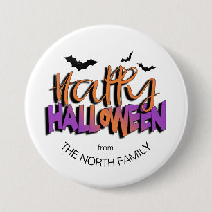 Frohe Halloween Typografie mit Orange/Fledermäuse- Button