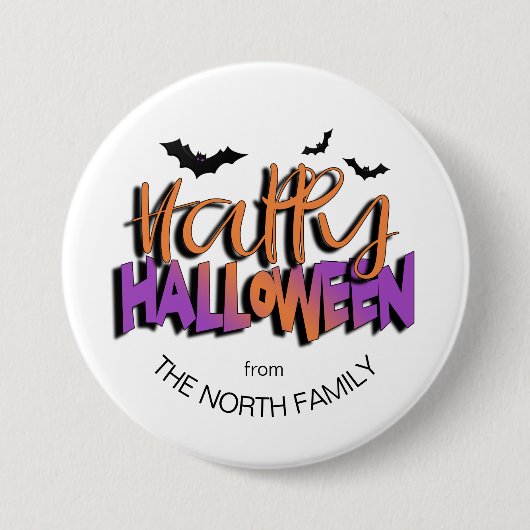 Frohe Halloween Typografie mit Orange/Fledermäuse- Button (Vorderseite)