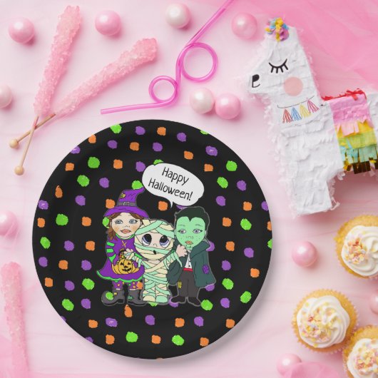 Frohe Halloween Vampire, Hexe, Mummy Polka Dot Pappteller (Party)