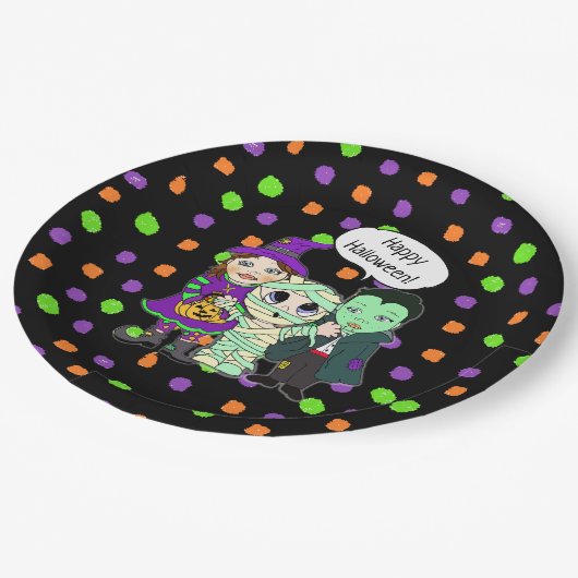 Frohe Halloween Vampire, Hexe, Mummy Polka Dot Pappteller (Schrägansicht)