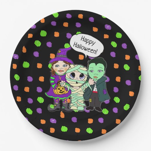 Frohe Halloween Vampire, Hexe, Mummy Polka Dot Pappteller (Vorderseite)
