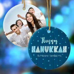 Frohe Hanukkah-Foto-Typografie Davidstern in Blau Keramik Ornament