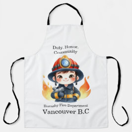 Frohe junge Feuerwehrfrau bereit zu kämpfen Schürze