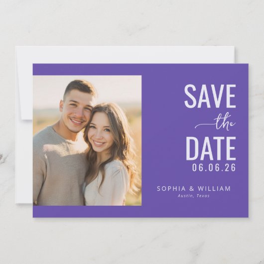 Frohe minimalistische Foto in Lila Save The Date (Vorderseite)