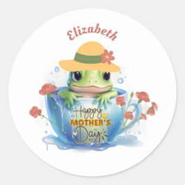 Frohe Mutter Tag Frosch und Hut in einem Teacup Runder Aufkleber