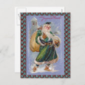 Frohe Noel aka Merry Christmas Green Santa Claus Feiertagspostkarte (Vorne/Hinten)