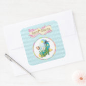 Frohe Ostereier und Schmetterlinge auf blauen Stre Quadratischer Aufkleber (Umschlag)